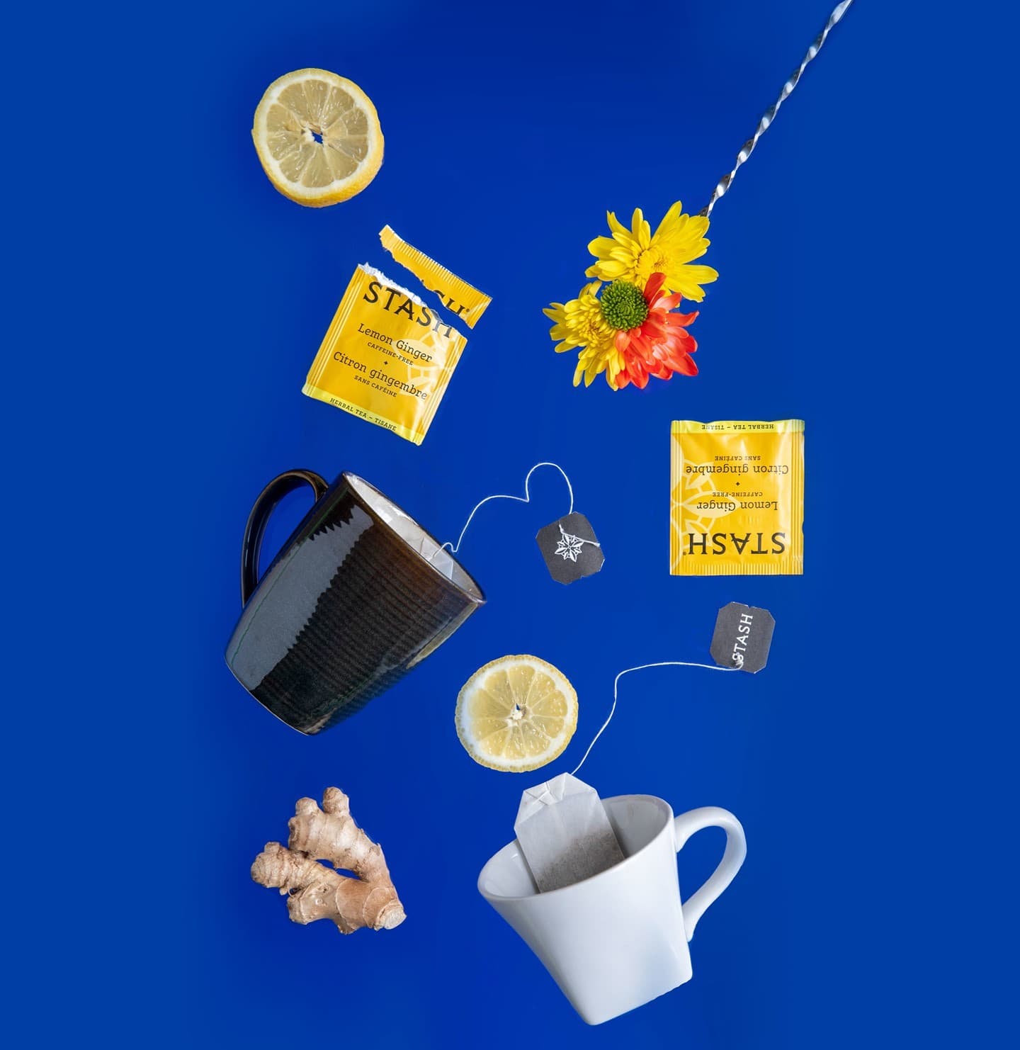 Stash satchets and mugs artfully placed